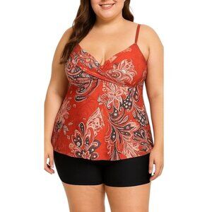 Plus Size 3XL Floral Tankini Swim Set Adjustable Straps High Waisted Boyshorts